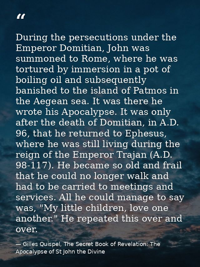 During the persecutions under the Emperor Domitian, John was summoned to Rome, where he was tortured by immersion in a p — Gilles Quispel, The Secret Book of Revelation: The Apocalypse of St John the Divine