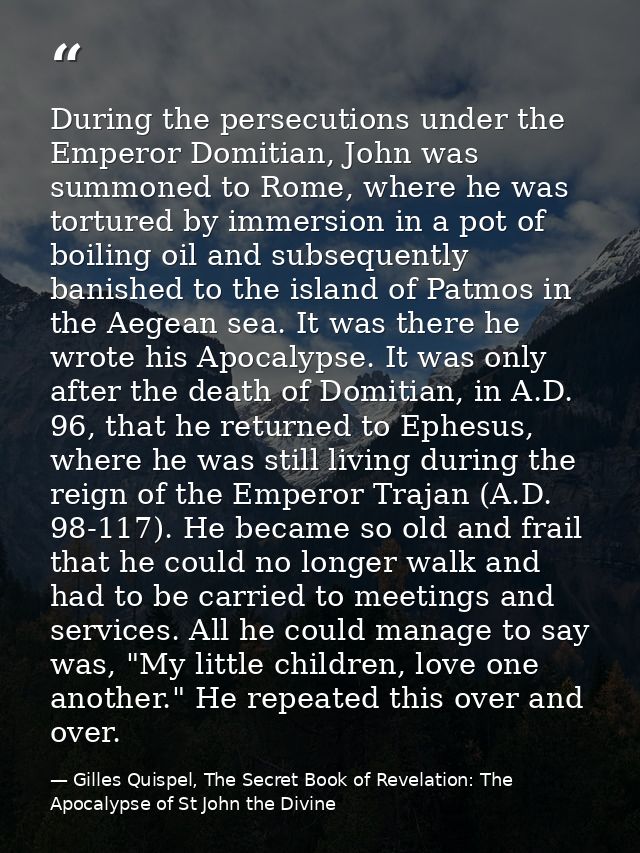 During the persecutions under the Emperor Domitian, John was summoned to Rome, where he was tortured by immersion in a p — Gilles Quispel, The Secret Book of Revelation: The Apocalypse of St John the Divine