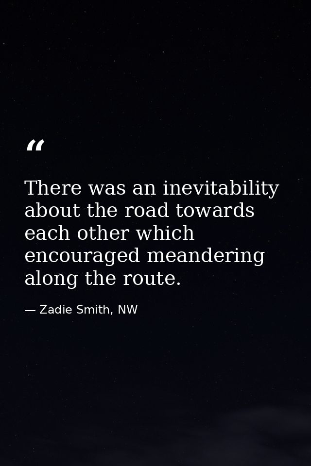 There was an inevitability about the road towards each other which encouraged meandering along the route. — Zadie Smith, NW