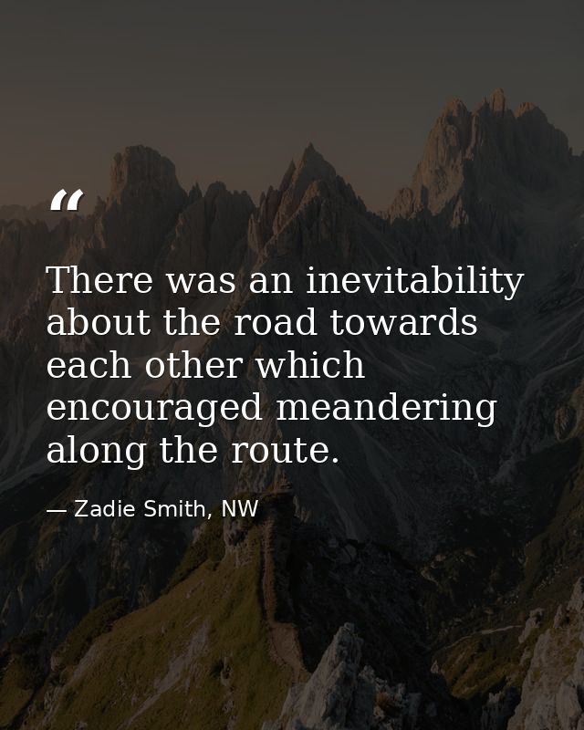 There was an inevitability about the road towards each other which encouraged meandering along the route. — Zadie Smith, NW