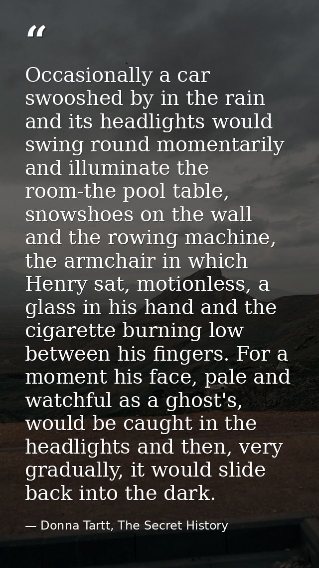 Occasionally a car swooshed by in the rain and its headlights would swing round momentarily and illuminate the room-the  — Donna Tartt, The Secret History