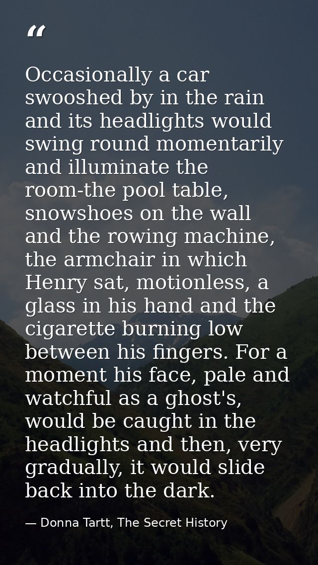 Occasionally a car swooshed by in the rain and its headlights would swing round momentarily and illuminate the room-the  — Donna Tartt, The Secret History