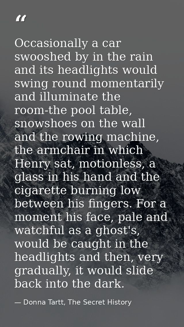 Occasionally a car swooshed by in the rain and its headlights would swing round momentarily and illuminate the room-the  — Donna Tartt, The Secret History