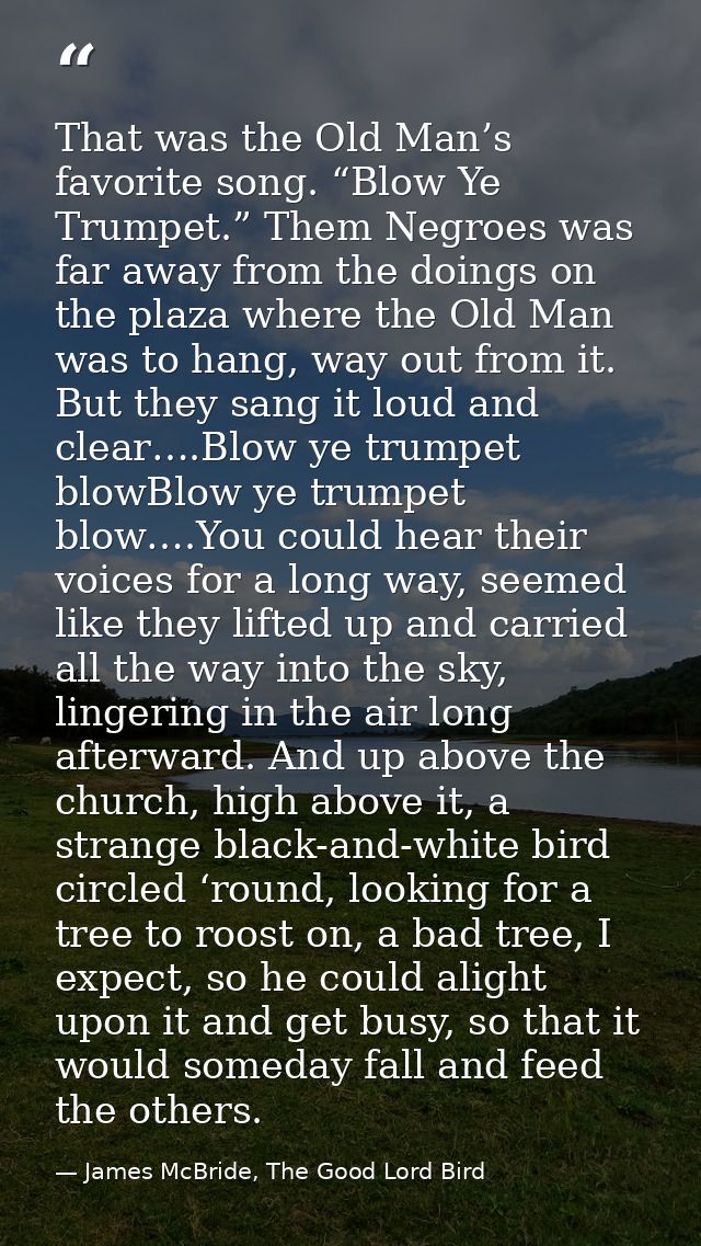That was the Old Man’s favorite song. “Blow Ye Trumpet.” Them Negroes was far away from the doings on the plaza where th — James McBride, The Good Lord Bird