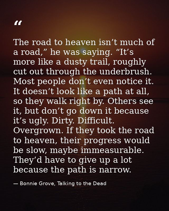 The road to heaven isn’t much of a road,” he was saying. “It’s more like a dusty trail, roughly cut out through the unde — Bonnie Grove, Talking to the Dead