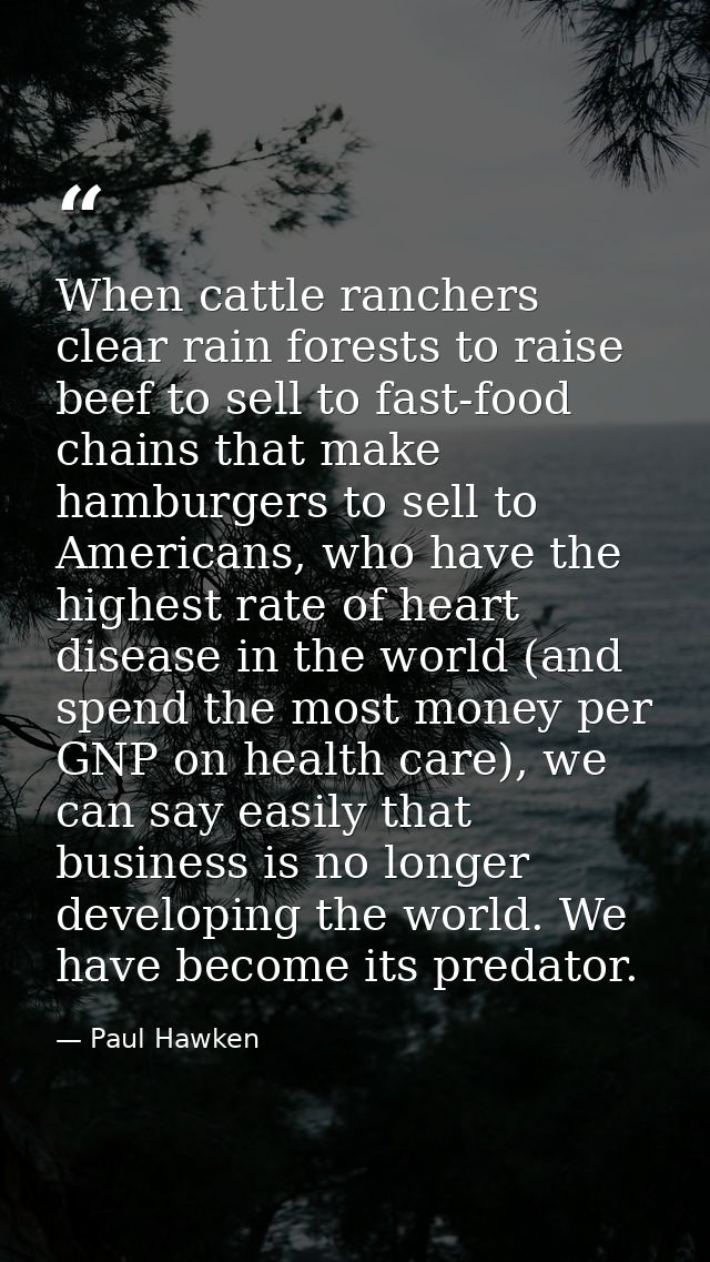When cattle ranchers clear rain forests to raise beef to sell to fast-food chains that make hamburgers to sell to Americ — Paul Hawken