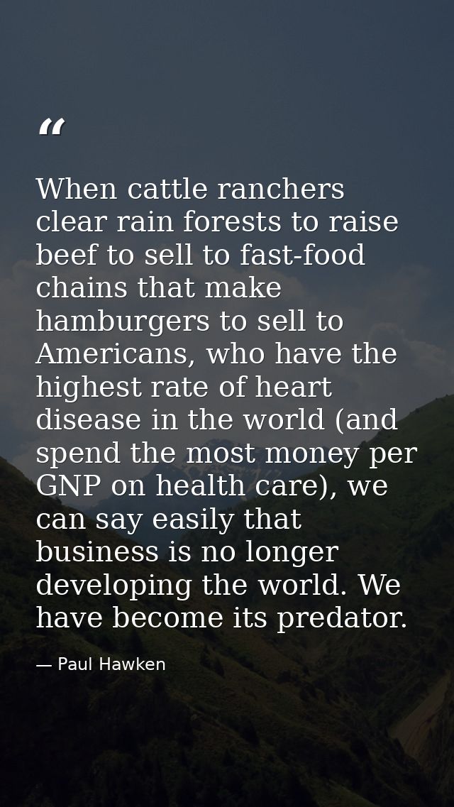 When cattle ranchers clear rain forests to raise beef to sell to fast-food chains that make hamburgers to sell to Americ — Paul Hawken