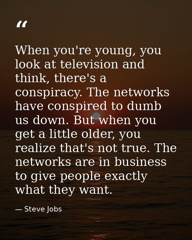 When you're young, you look at television and think, there's a conspiracy. The networks have conspired to dumb us down.  — Steve Jobs