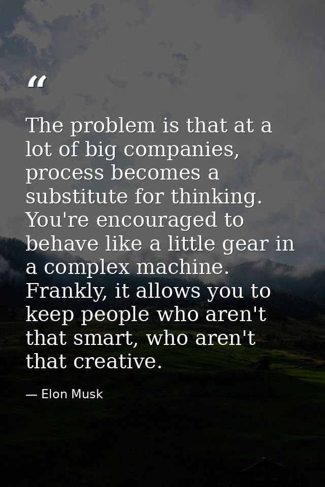 The problem is that at a lot of big companies, process becomes a substitute for thinking. You're encouraged to behave li — Elon Musk