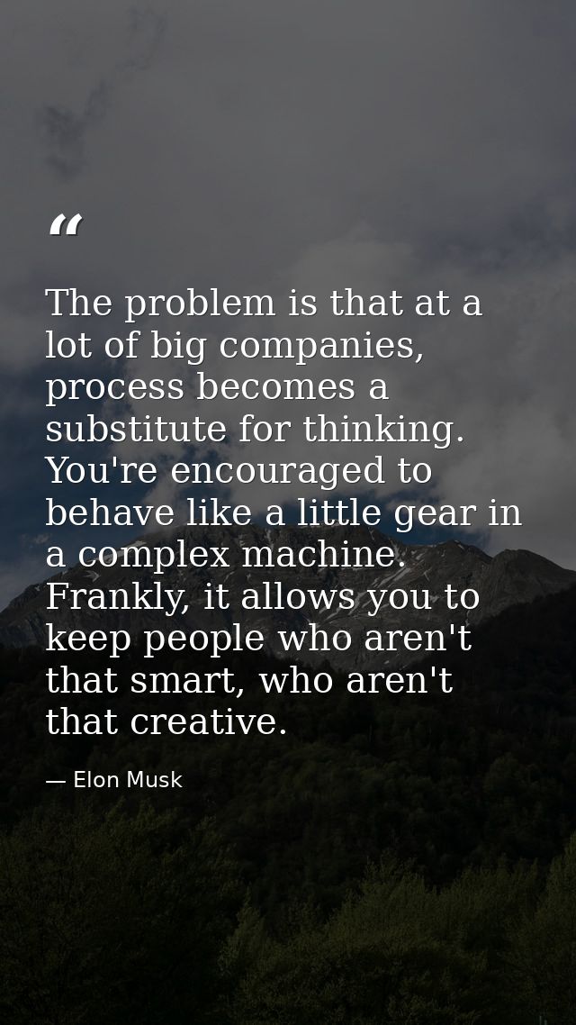 The problem is that at a lot of big companies, process becomes a substitute for thinking. You're encouraged to behave li — Elon Musk