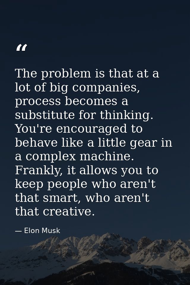 The problem is that at a lot of big companies, process becomes a substitute for thinking. You're encouraged to behave li — Elon Musk