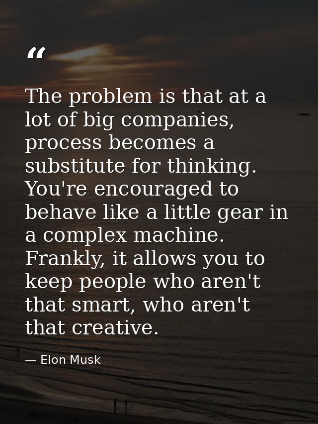 The problem is that at a lot of big companies, process becomes a substitute for thinking. You're encouraged to behave li — Elon Musk