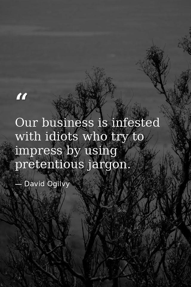 Our business is infested with idiots who try to impress by using pretentious jargon. — David Ogilvy