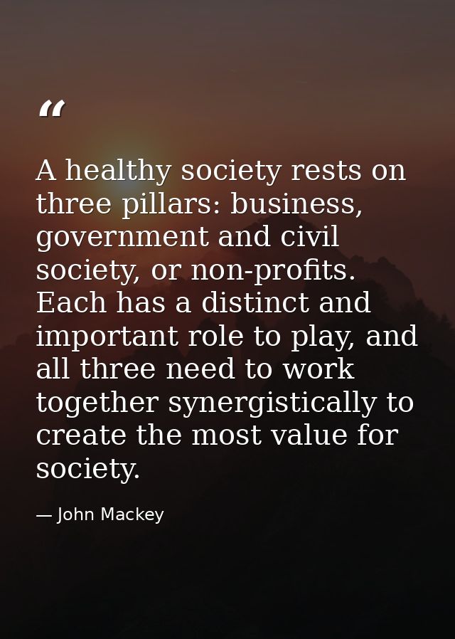 A healthy society rests on three pillars: business, government and civil society, or non-profits. Each has a distinct an — John Mackey