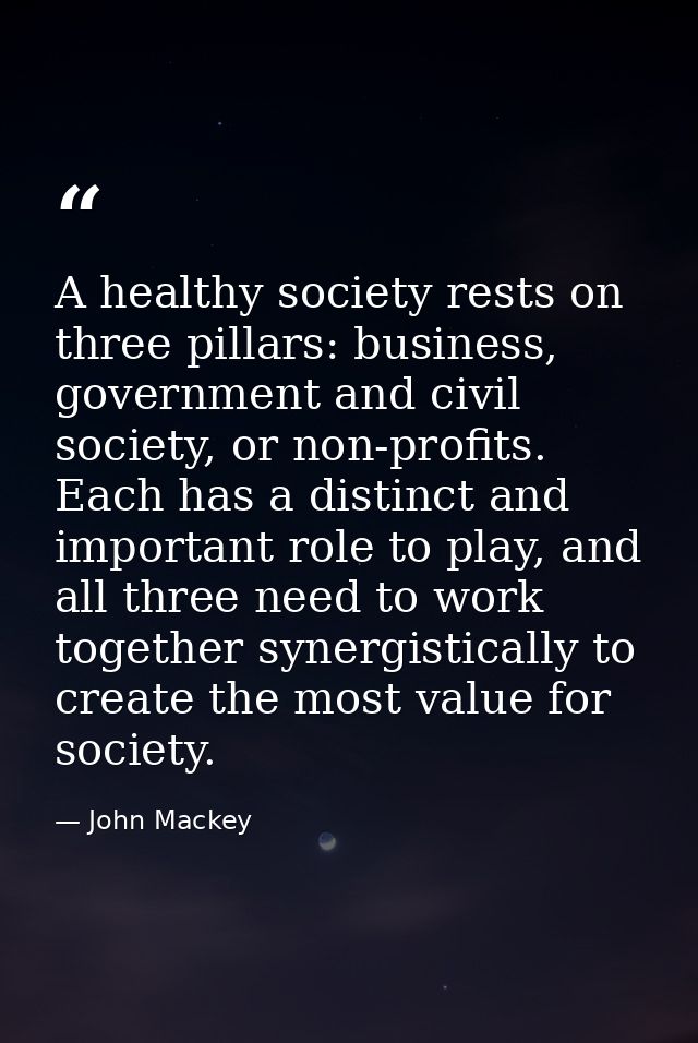 A healthy society rests on three pillars: business, government and civil society, or non-profits. Each has a distinct an — John Mackey