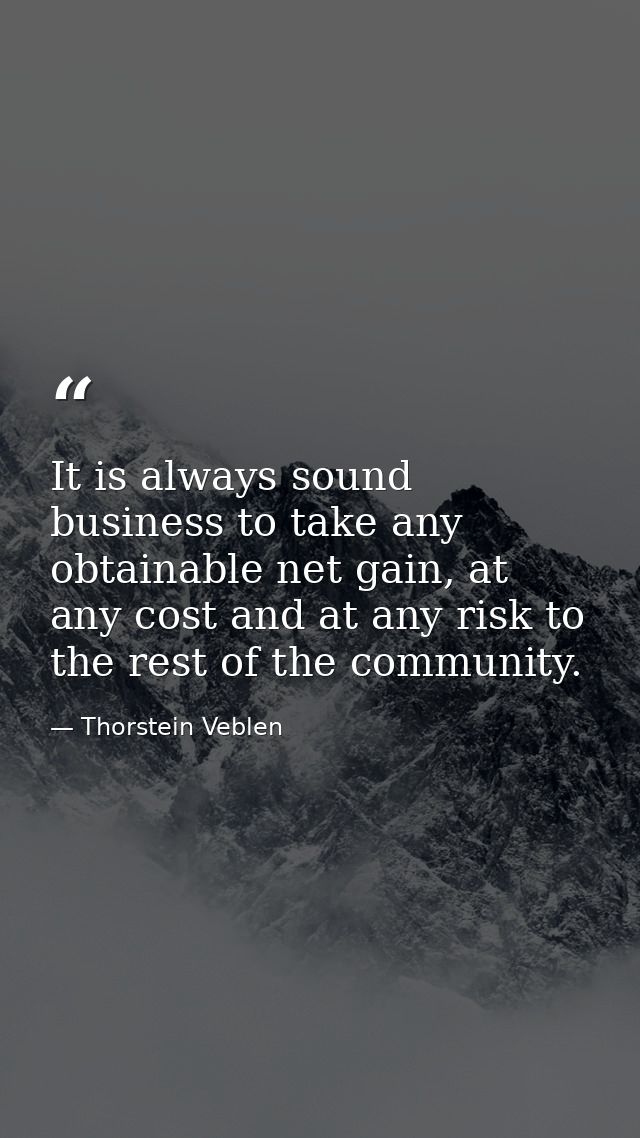 It is always sound business to take any obtainable net gain, at any cost and at any risk to the rest of the community. — Thorstein Veblen