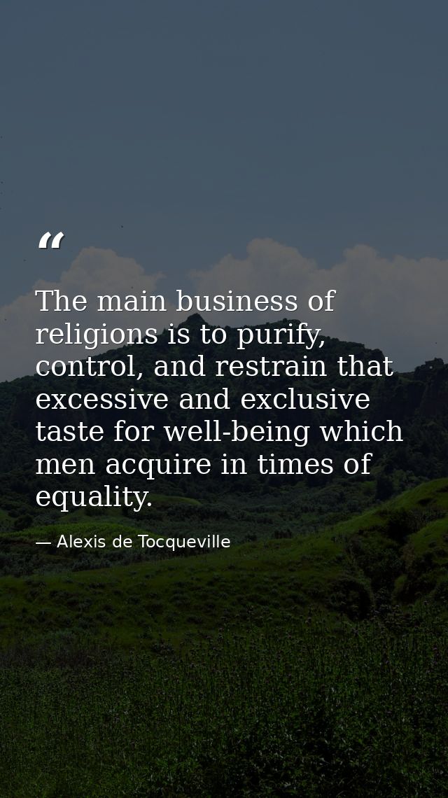 The main business of religions is to purify, control, and restrain that excessive and exclusive taste for well-being whi — Alexis de Tocqueville