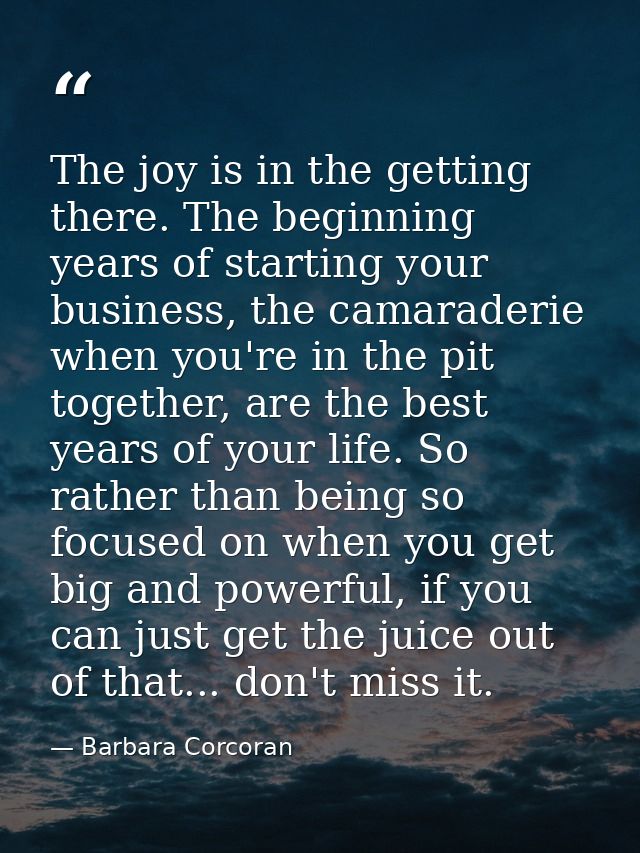 The joy is in the getting there. The beginning years of starting your business, the camaraderie when you're in the pit t — Barbara Corcoran