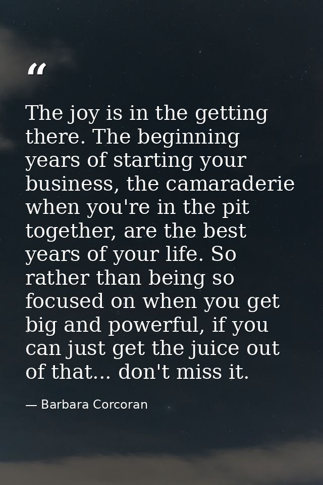 The joy is in the getting there. The beginning years of starting your business, the camaraderie when you're in the pit t — Barbara Corcoran