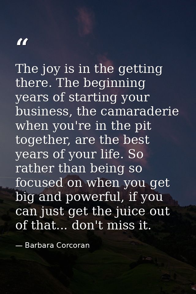 The joy is in the getting there. The beginning years of starting your business, the camaraderie when you're in the pit t — Barbara Corcoran