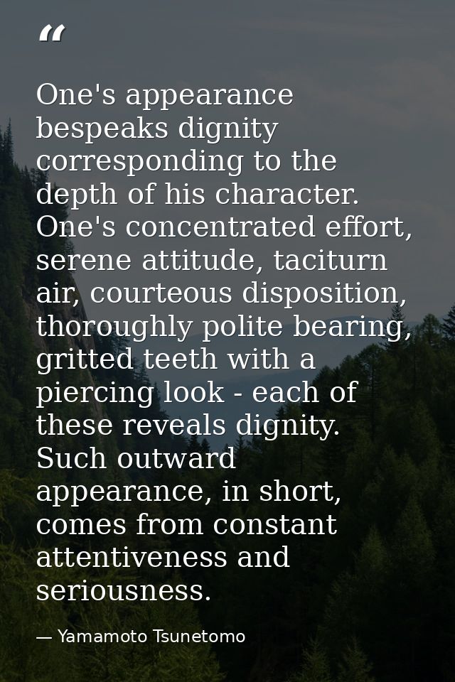One's appearance bespeaks dignity corresponding to the depth of his character. One's concentrated effort, serene attitud — Yamamoto Tsunetomo