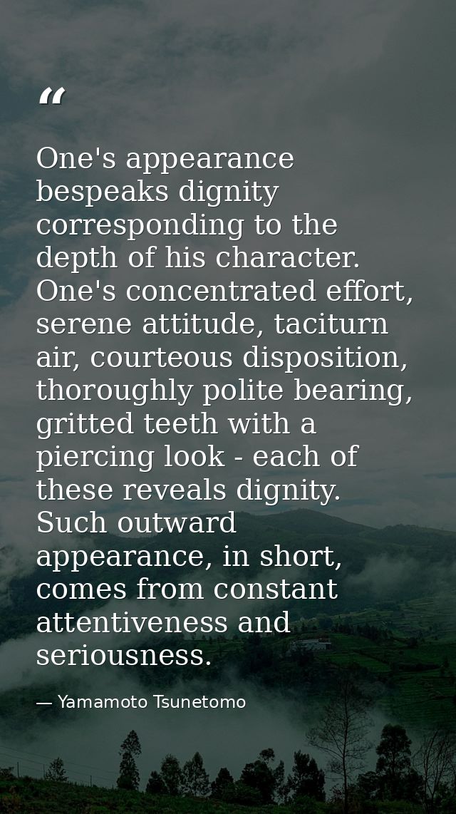 One's appearance bespeaks dignity corresponding to the depth of his character. One's concentrated effort, serene attitud — Yamamoto Tsunetomo
