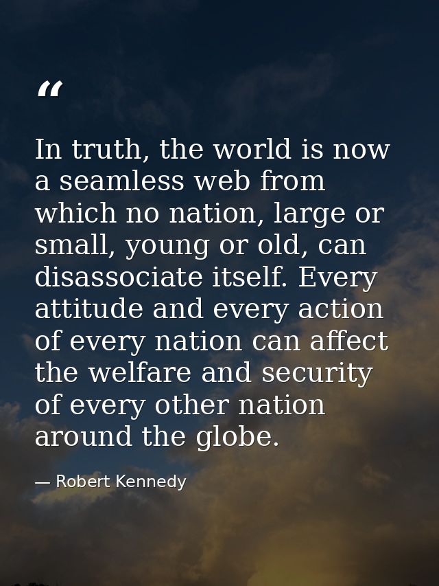 In truth, the world is now a seamless web from which no nation, large or small, young or old, can disassociate itself. E — Robert Kennedy