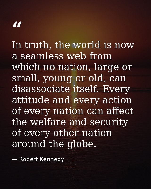 In truth, the world is now a seamless web from which no nation, large or small, young or old, can disassociate itself. E — Robert Kennedy