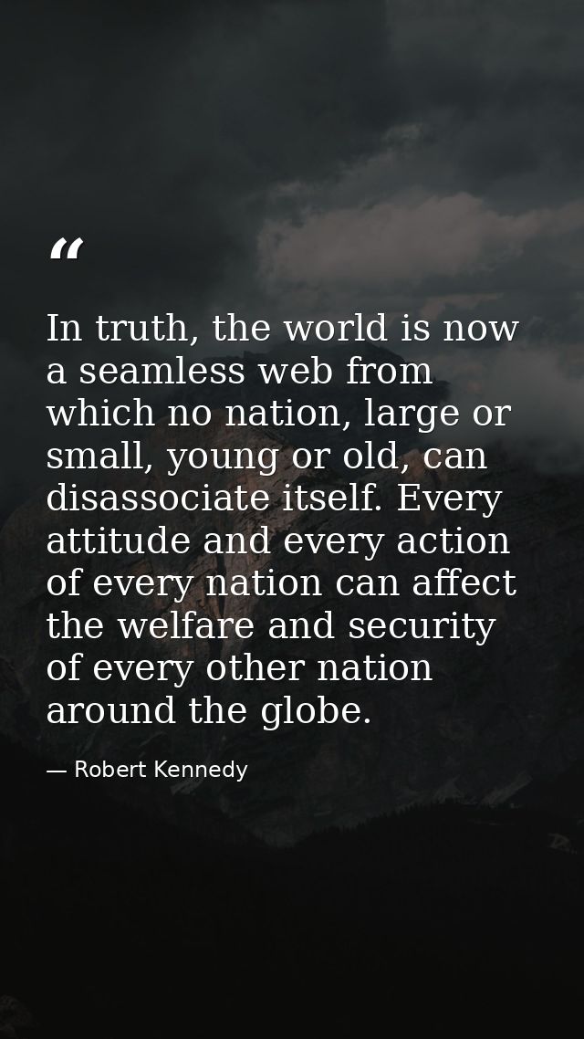 In truth, the world is now a seamless web from which no nation, large or small, young or old, can disassociate itself. E — Robert Kennedy