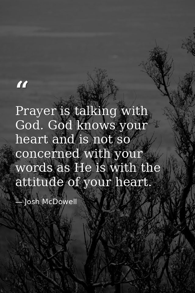 Prayer is talking with God. God knows your heart and is not so concerned with your words as He is with the attitude of y — Josh McDowell