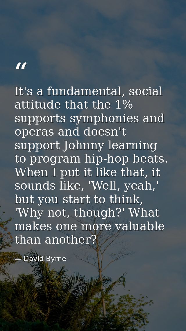 It's a fundamental, social attitude that the 1% supports symphonies and operas and doesn't support Johnny learning to pr — David Byrne