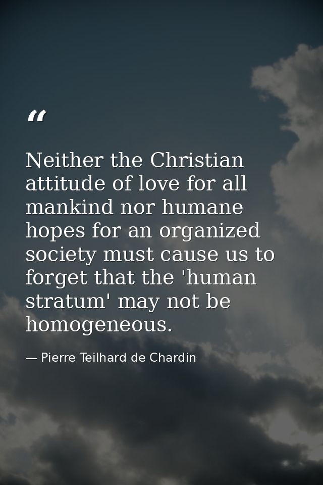 Neither the Christian attitude of love for all mankind nor humane hopes for an organized society must cause us to forget — Pierre Teilhard de Chardin
