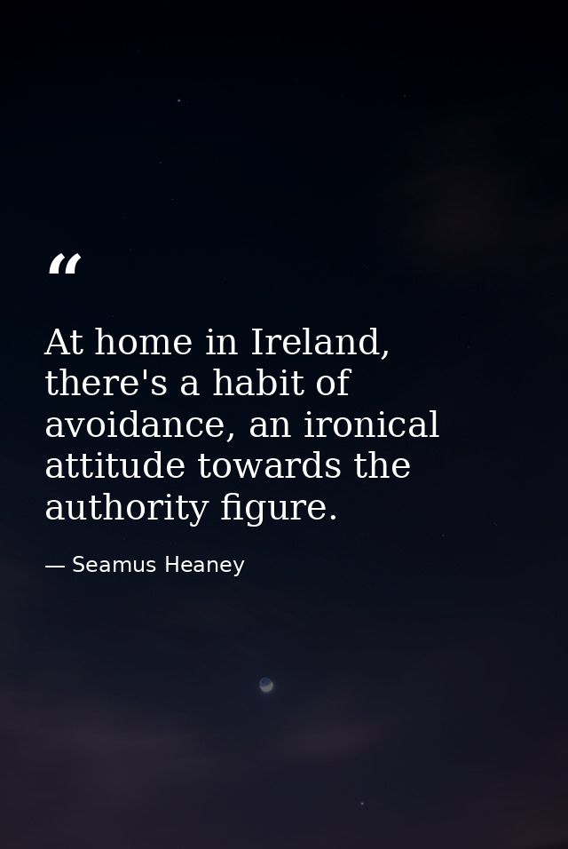 At home in Ireland, there's a habit of avoidance, an ironical attitude towards the authority figure. — Seamus Heaney