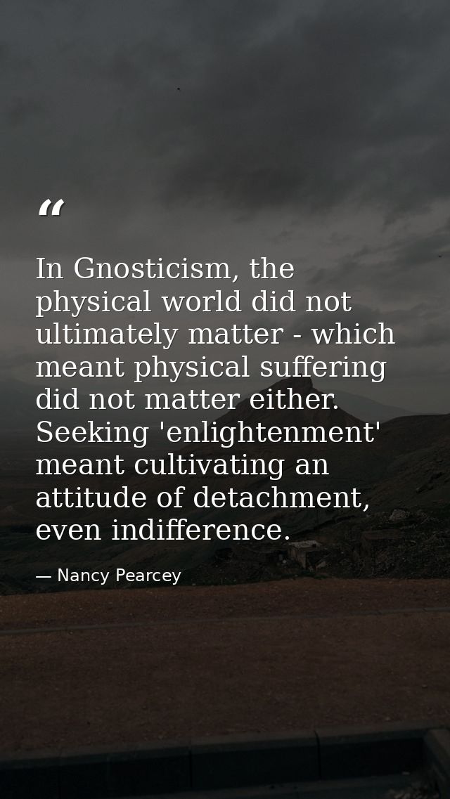 In Gnosticism, the physical world did not ultimately matter - which meant physical suffering did not matter either. Seek — Nancy Pearcey