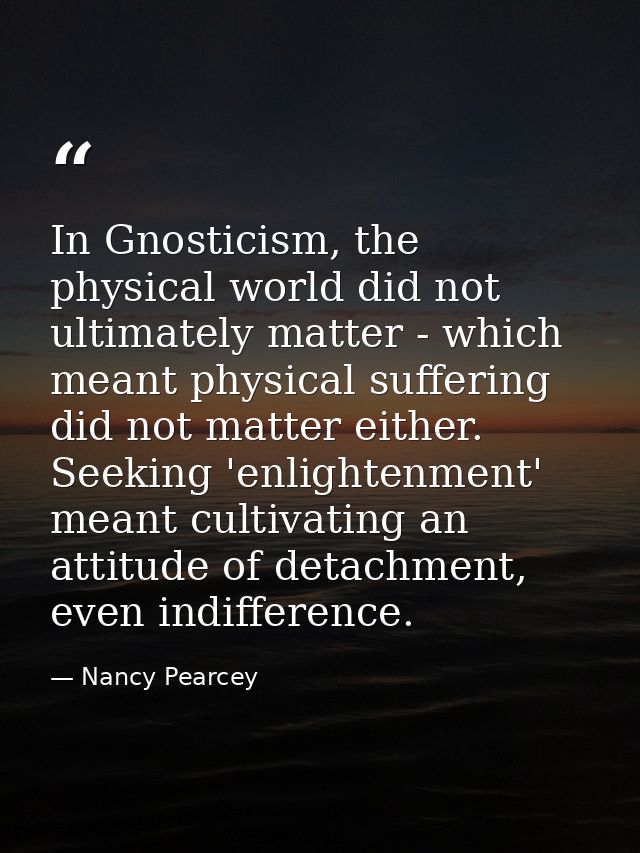 In Gnosticism, the physical world did not ultimately matter - which meant physical suffering did not matter either. Seek — Nancy Pearcey