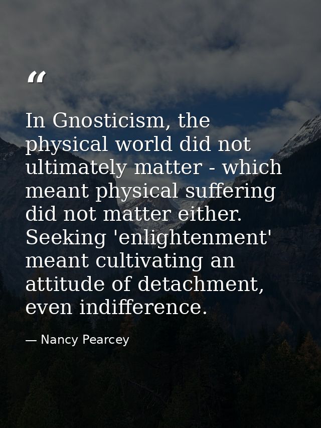 In Gnosticism, the physical world did not ultimately matter - which meant physical suffering did not matter either. Seek — Nancy Pearcey