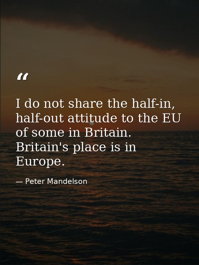 I do not share the half-in, half-out attitude to the EU of some in Britain. Britain's place is in Europe. — Peter Mandelson