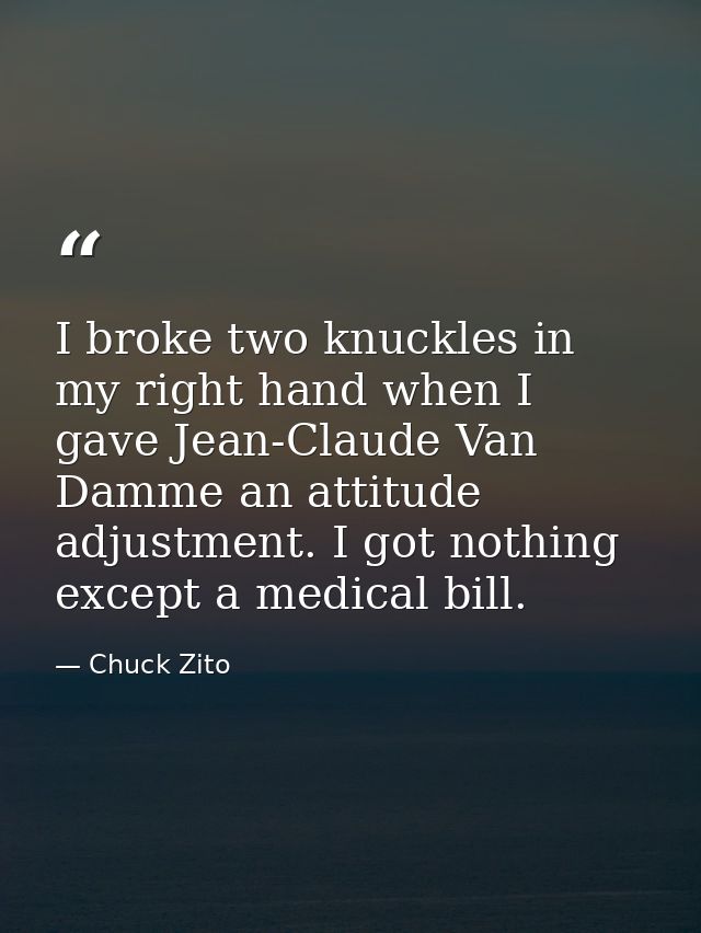 I broke two knuckles in my right hand when I gave Jean-Claude Van Damme an attitude adjustment. I got nothing except a m — Chuck Zito