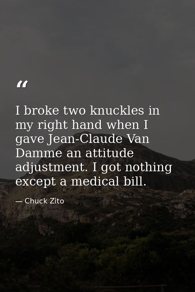 I broke two knuckles in my right hand when I gave Jean-Claude Van Damme an attitude adjustment. I got nothing except a m — Chuck Zito
