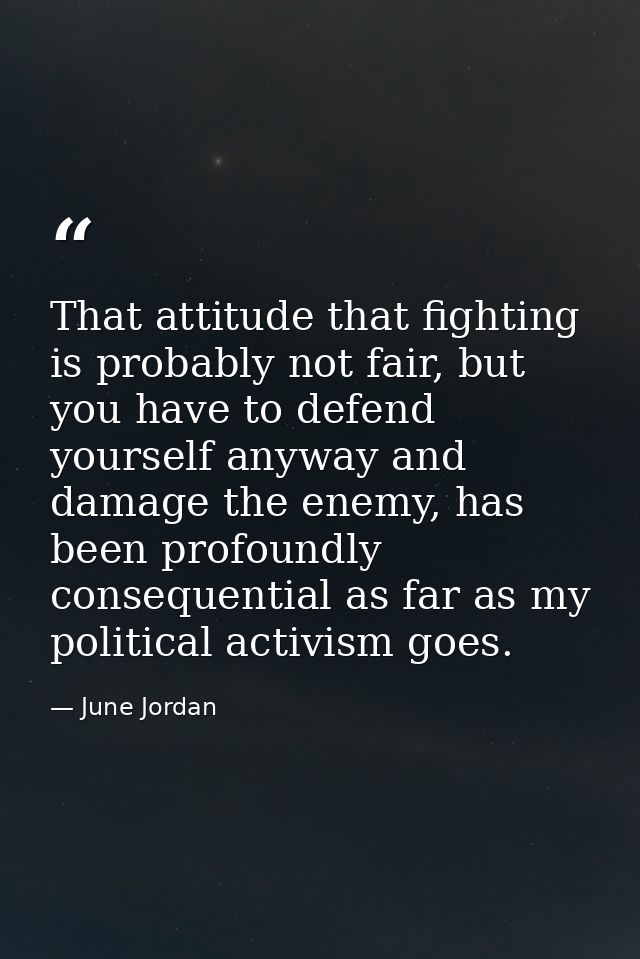 That attitude that fighting is probably not fair, but you have to defend yourself anyway and damage the enemy, has been  — June Jordan