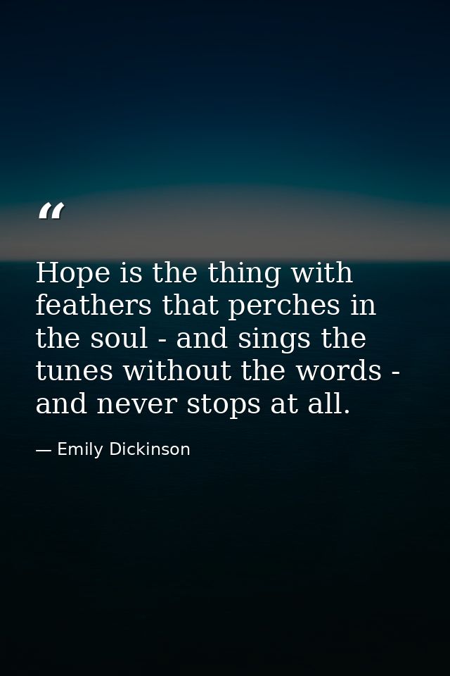 Hope is the thing with feathers that perches in the soul - and sings the tunes without the words - and never stops at al — Emily Dickinson
