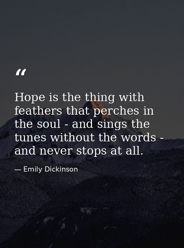 Hope is the thing with feathers that perches in the soul - and sings the tunes without the words - and never stops at al — Emily Dickinson