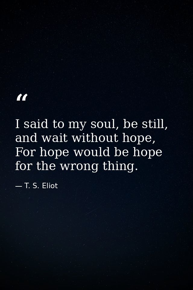 I said to my soul, be still, and wait without hope, For hope would be hope for the wrong thing. — T. S. Eliot