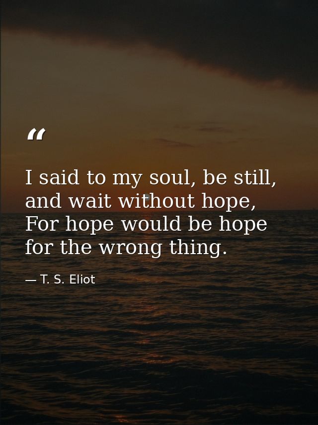 I said to my soul, be still, and wait without hope, For hope would be hope for the wrong thing. — T. S. Eliot