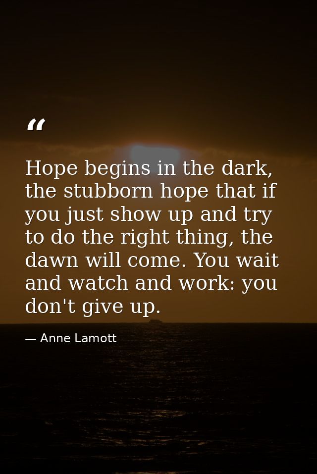 Hope begins in the dark, the stubborn hope that if you just show up and try to do the right thing, the dawn will come. Y — Anne Lamott
