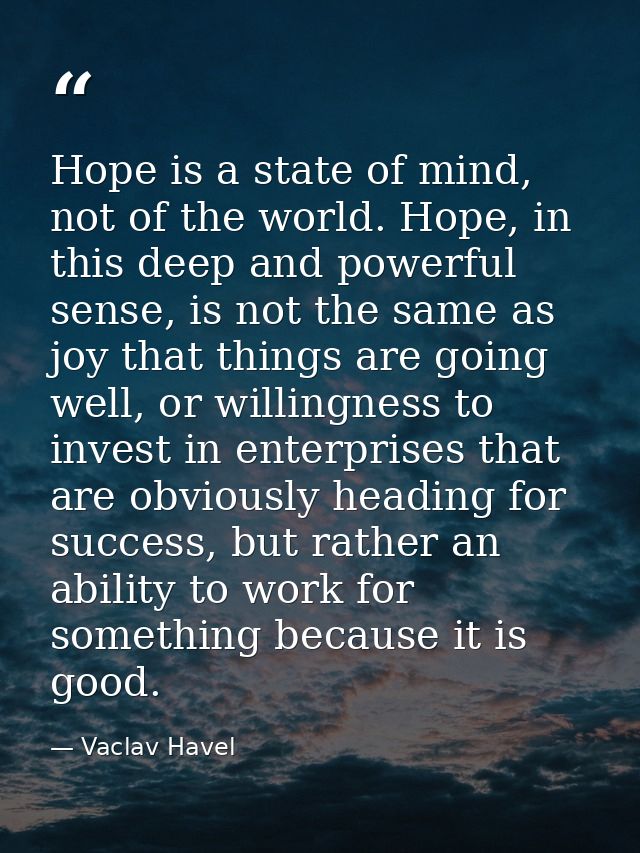 Hope is a state of mind, not of the world. Hope, in this deep and powerful sense, is not the same as joy that things are — Vaclav Havel