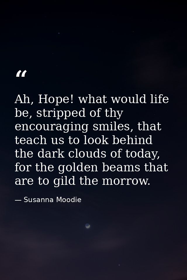Ah, Hope! what would life be, stripped of thy encouraging smiles, that teach us to look behind the dark clouds of today, — Susanna Moodie