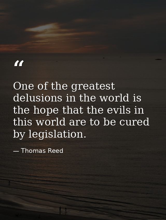One of the greatest delusions in the world is the hope that the evils in this world are to be cured by legislation. — Thomas Reed