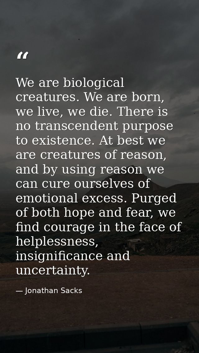 We are biological creatures. We are born, we live, we die. There is no transcendent purpose to existence. At best we are — Jonathan Sacks