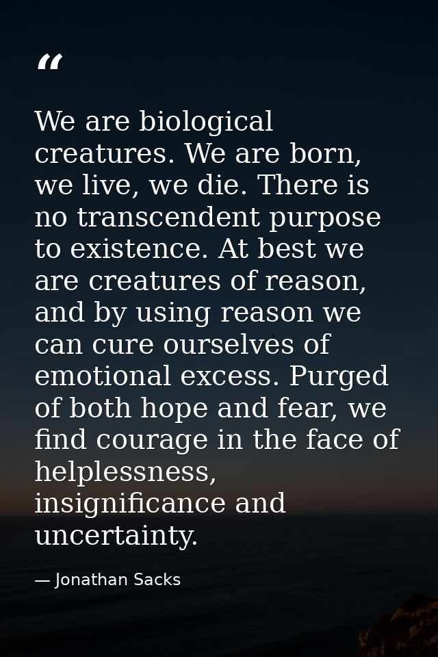 We are biological creatures. We are born, we live, we die. There is no transcendent purpose to existence. At best we are — Jonathan Sacks